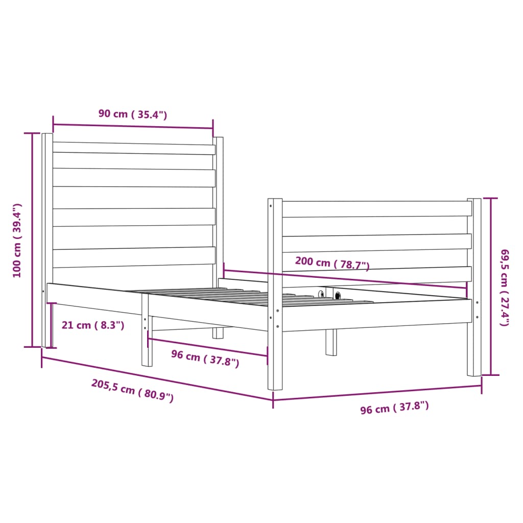 Cadre de lit sans matelas bois de pin massif 90x200 cm - XIOS