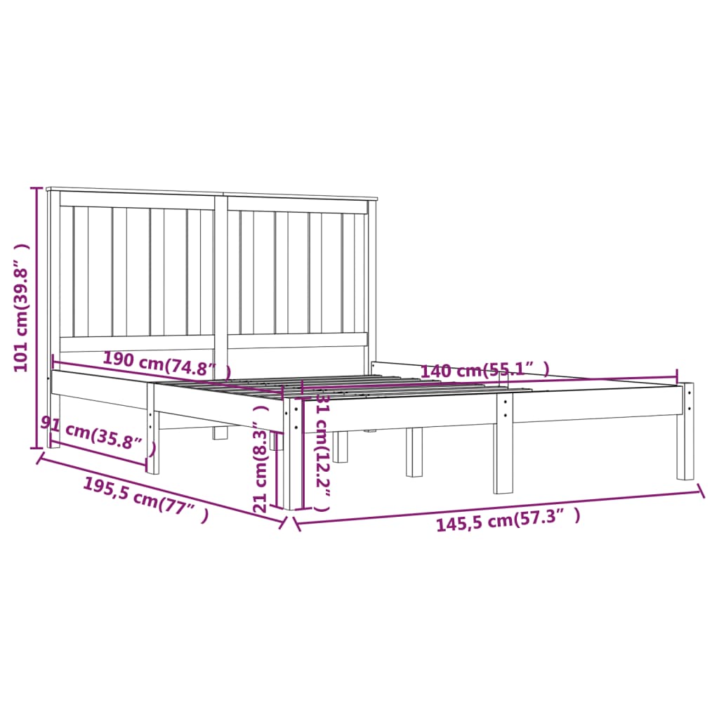 Cadre de lit sans matelas noir bois massif 140x190 cm - XIOS
