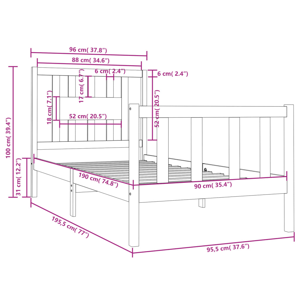 Cadre de lit sans matelas bois massif 90x190 cm - XIOS