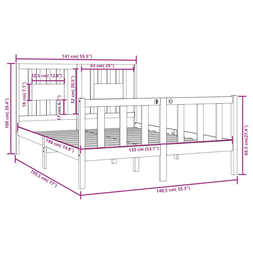 Cadre de lit sans matelas 135x190 cm bois massif - XIOS