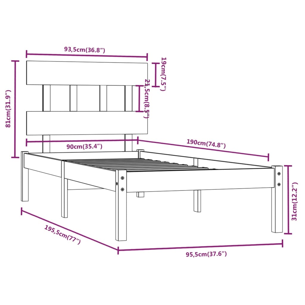 Cadre de lit sans matelas 90x190 cm bois massif - XIOS