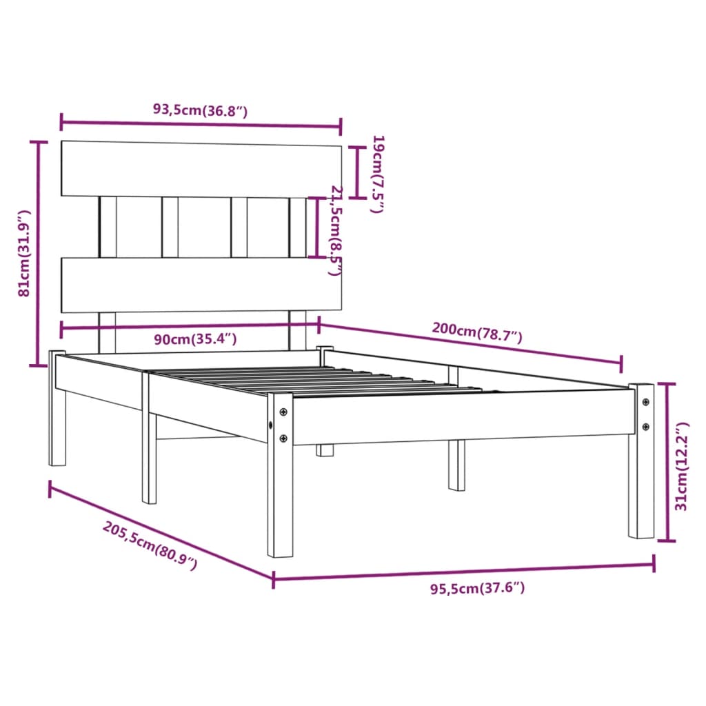 Cadre de lit sans matelas 90x200 cm bois massif - XIOS