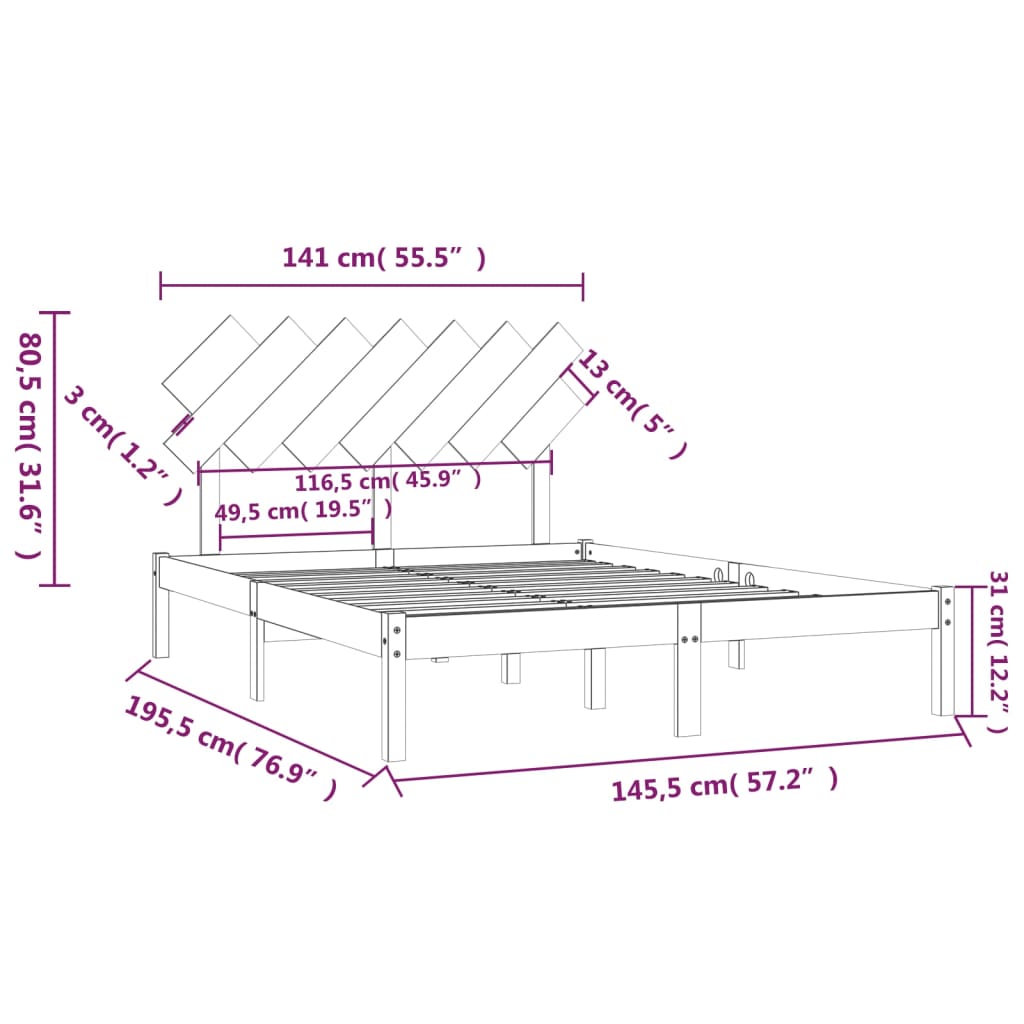 Cadre de lit sans matelas noir 140x190 cm bois massif - XIOS