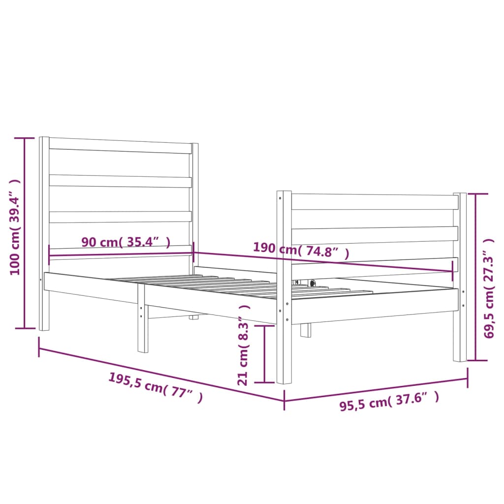 Cadre de lit sans matelas blanc bois de pin massif 90x190 cm - XIOS