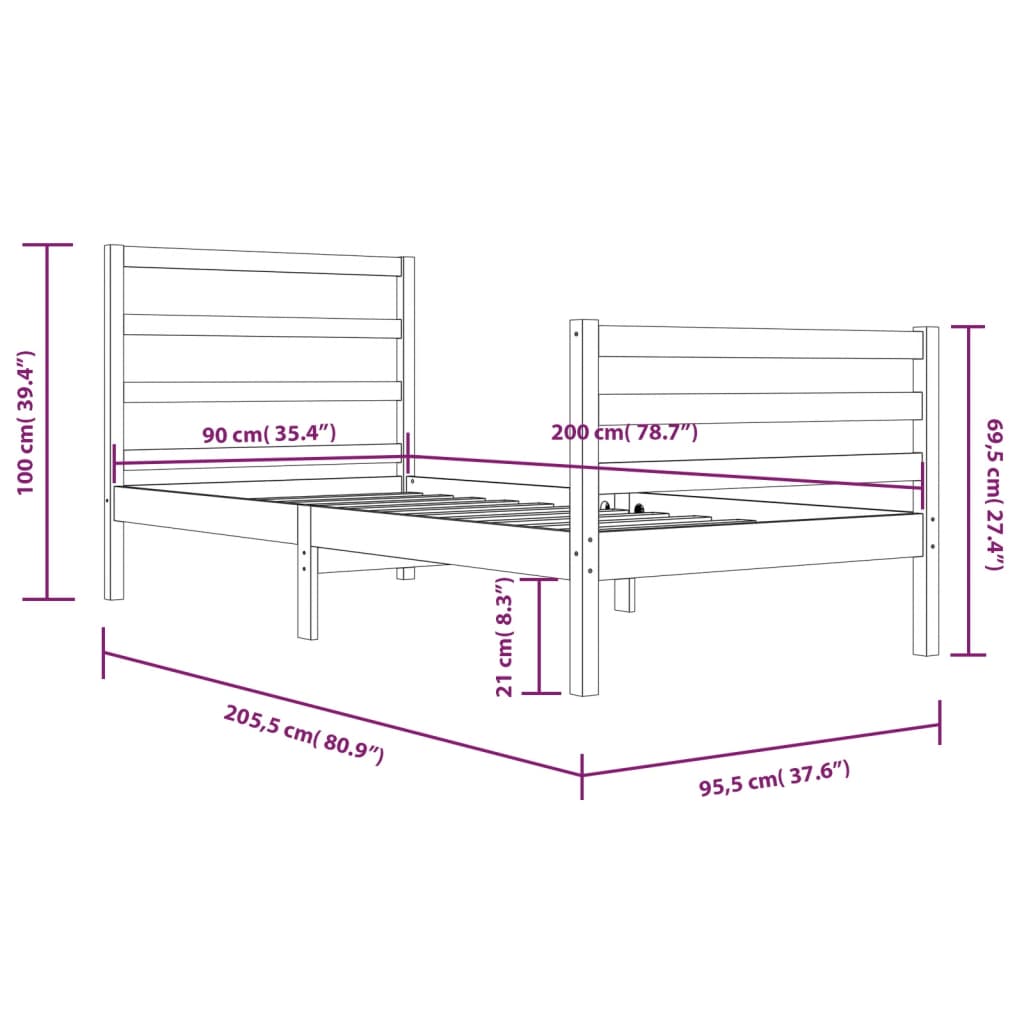 Cadre de lit sans matelas blanc bois de pin massif 90x200 cm - XIOS