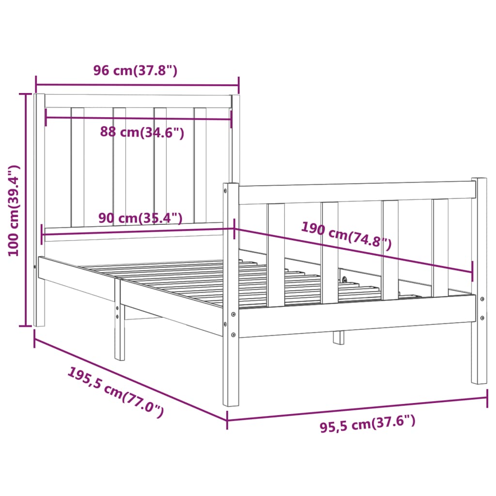 Cadre de lit sans matelas 90x190 cm bois massif - XIOS