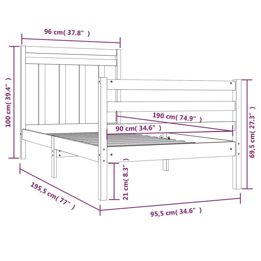 Cadre de lit sans matelas 90x190 cm bois massif - XIOS