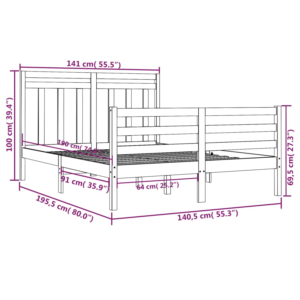 Cadre de lit sans matelas blanc 135x190 cm bois massif - XIOS