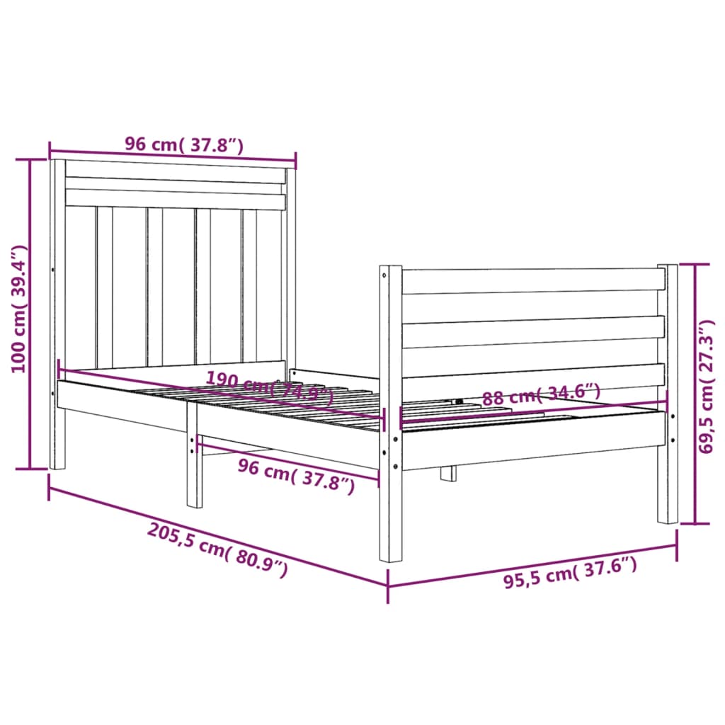 Cadre de lit sans matelas 90x200 cm bois massif - XIOS