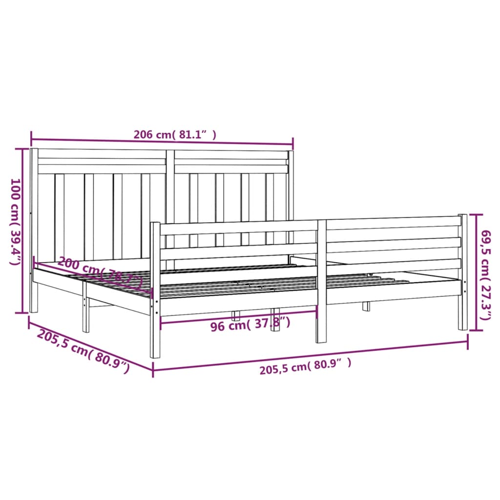 Cadre de lit sans matelas gris 200x200 cm bois massif - XIOS