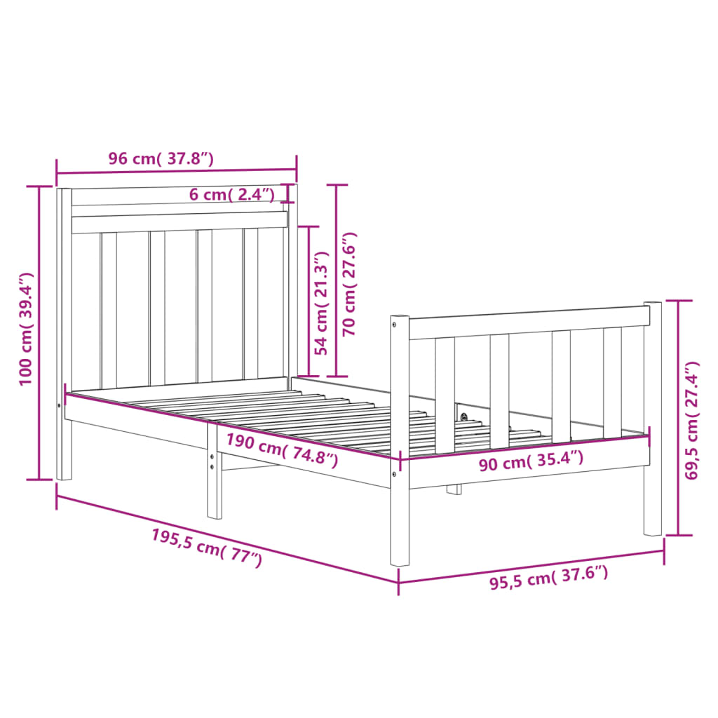 Cadre de lit sans matelas 90x190 cm bois massif - XIOS