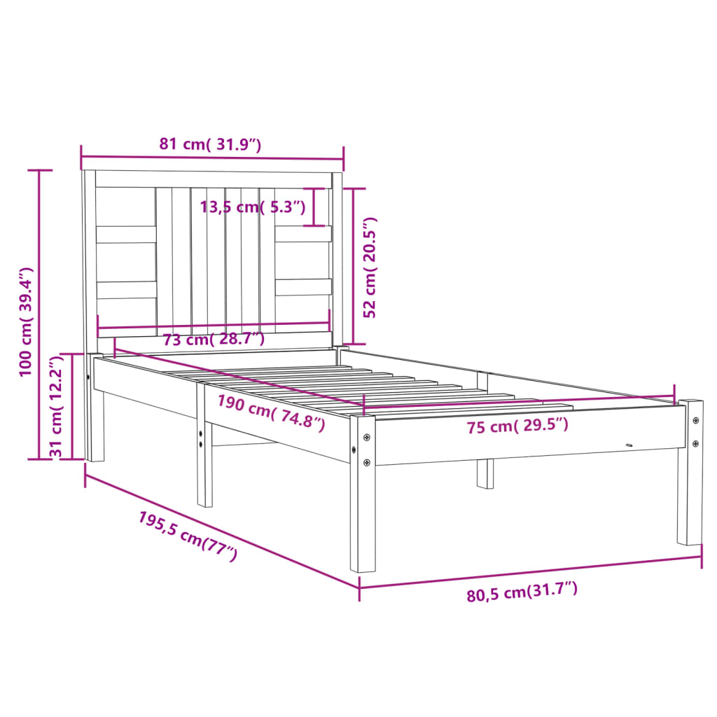 Cadre de lit sans matelas 75x190 cm bois massif - XIOS