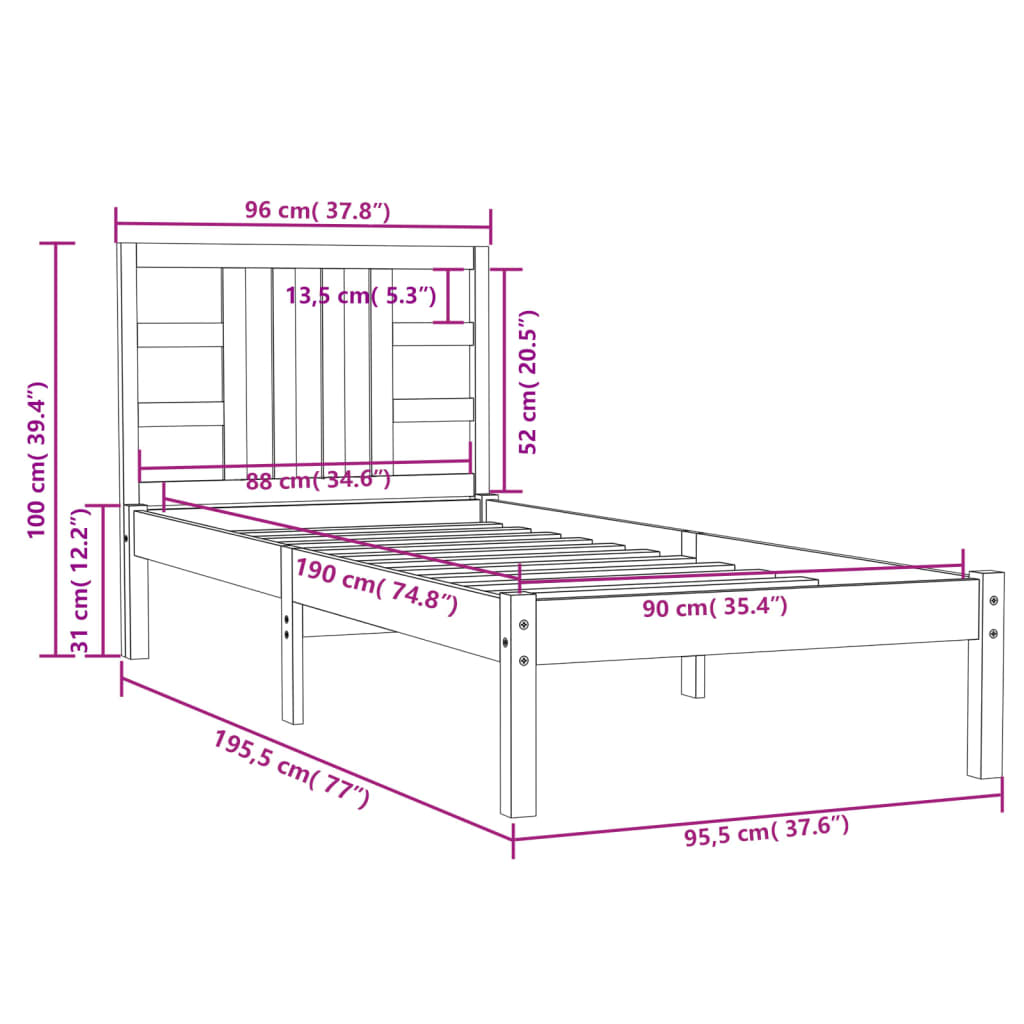 Cadre de lit sans matelas 90x190 cm bois massif - XIOS