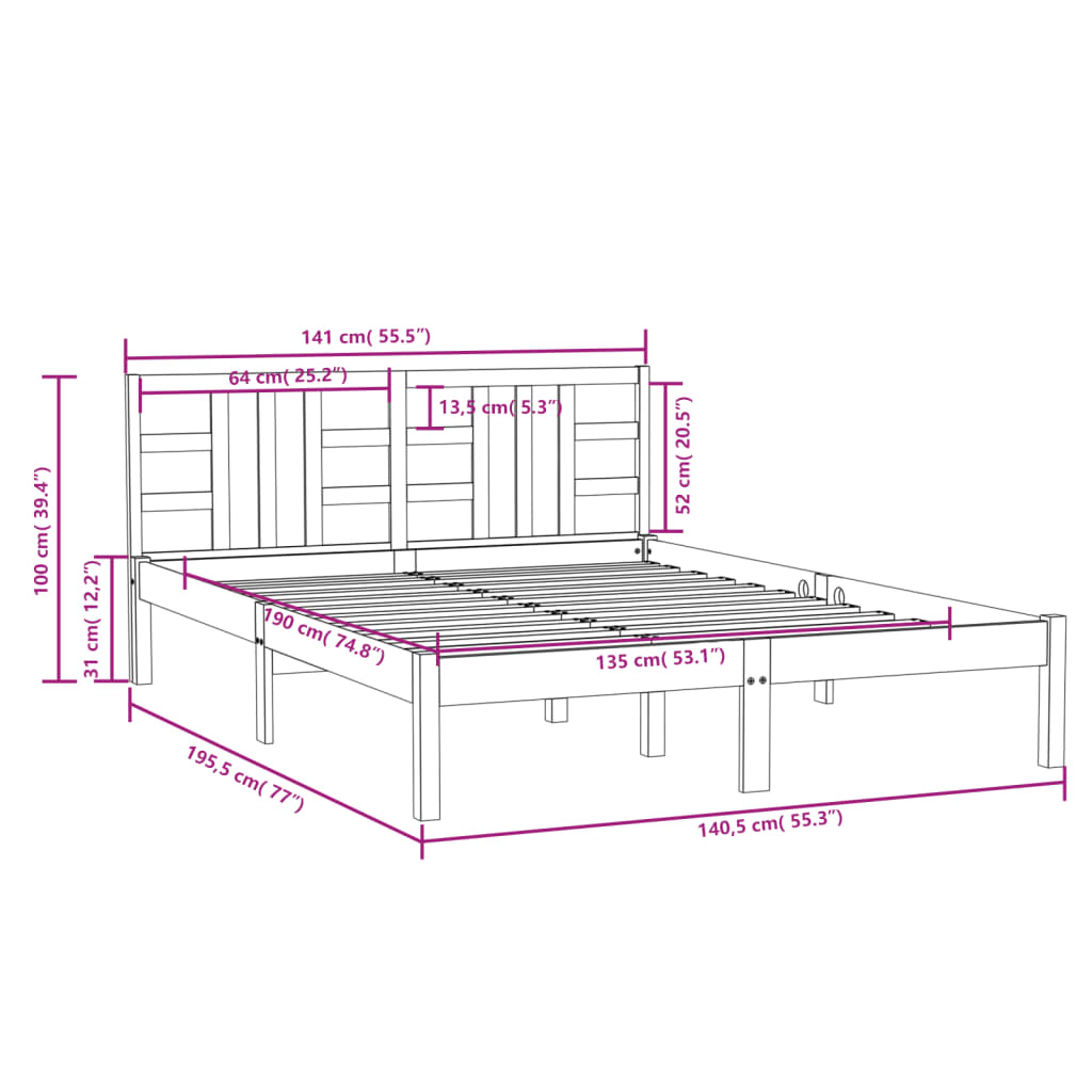 Cadre de lit sans matelas 135x190 cm bois massif - XIOS