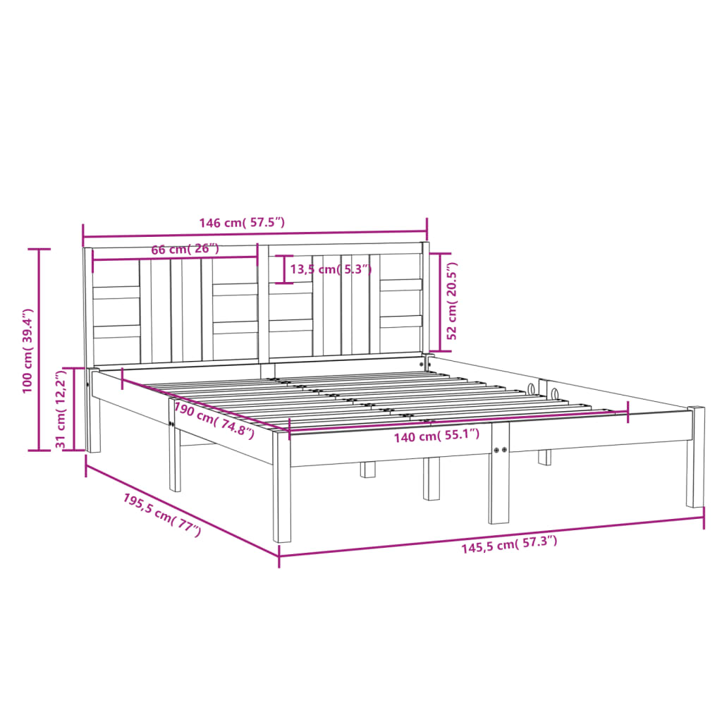 Cadre de lit sans matelas noir 140x190 cm bois massif - XIOS