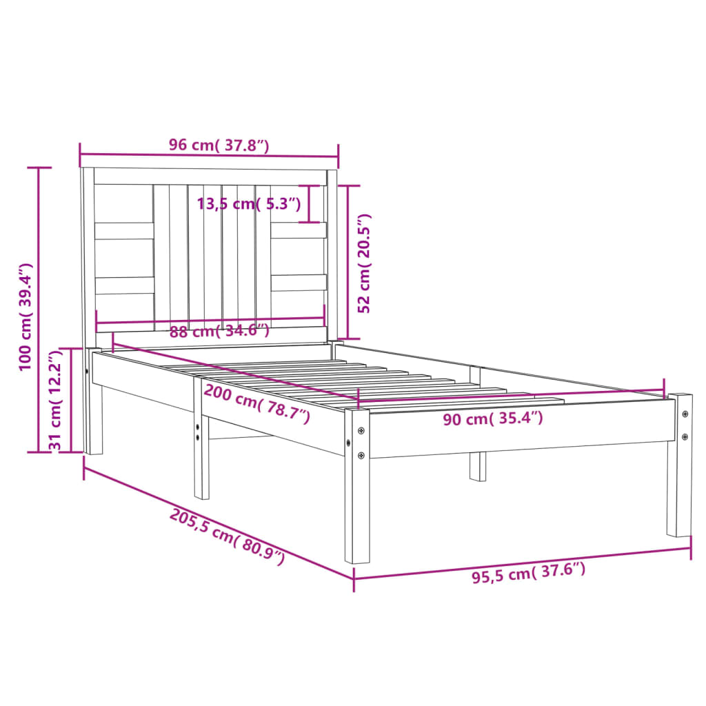 Cadre de lit sans matelas 90x200 cm bois massif - XIOS