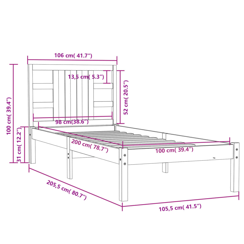 Cadre de lit sans matelas 100x200 cm bois massif - XIOS