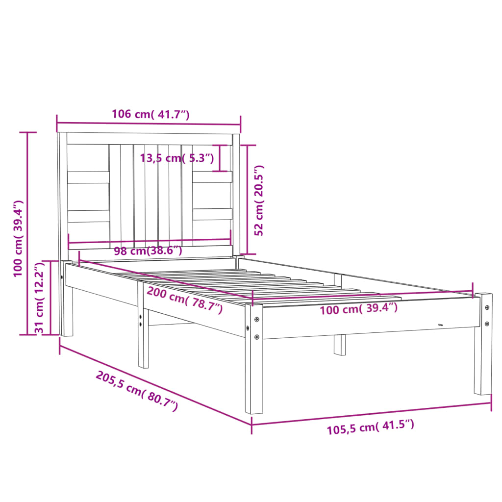 Cadre de lit sans matelas blanc 100x200 cm bois massif - XIOS