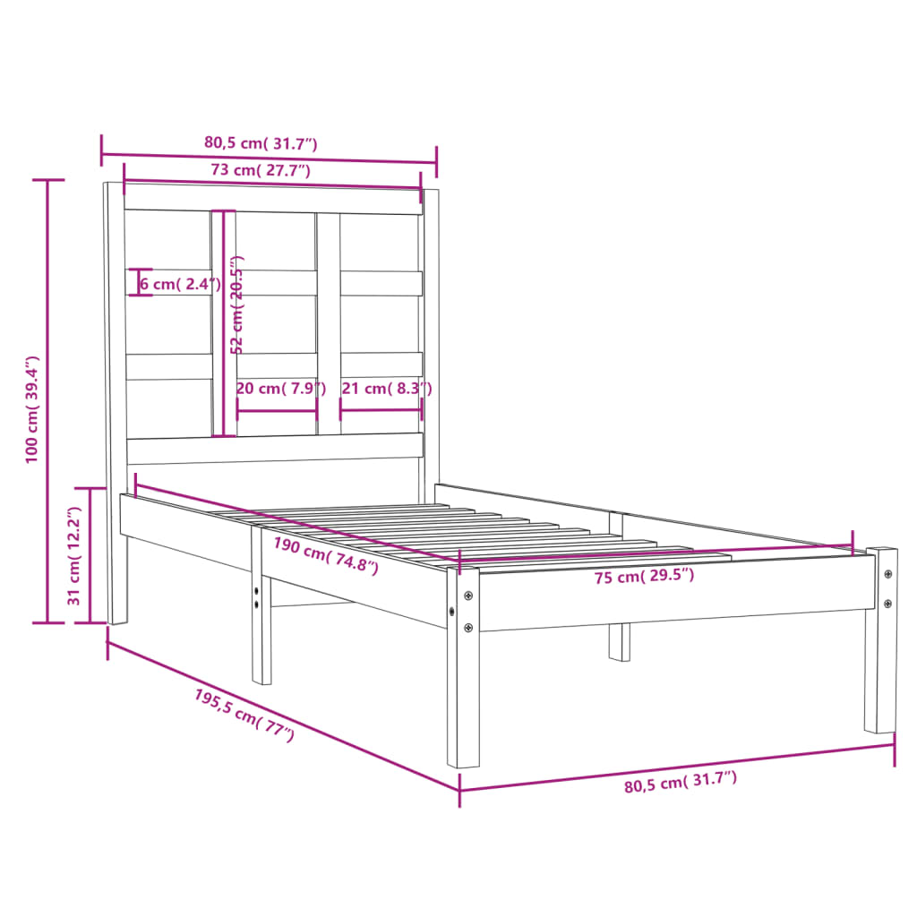 Cadre de lit sans matelas 75x190 cm bois massif - XIOS