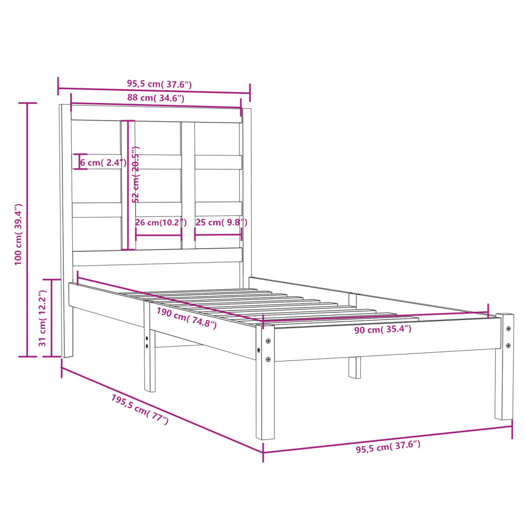 Cadre de lit sans matelas 90x190 cm bois massif - XIOS