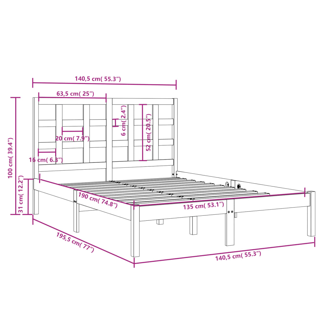 Cadre de lit sans matelas 135x190 cm bois massif - XIOS