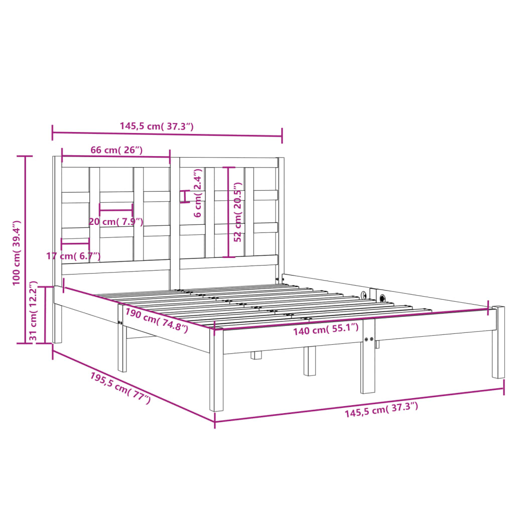 Cadre de lit sans matelas noir 140x190 cm bois massif - XIOS