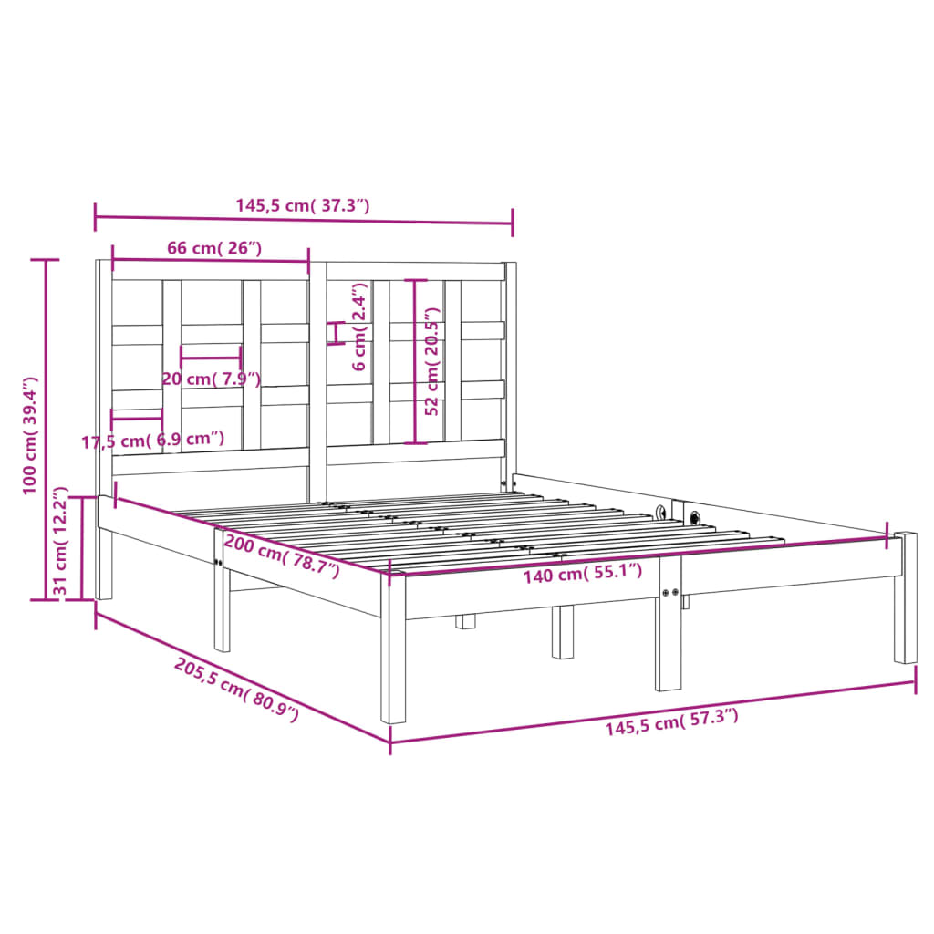 Cadre de lit sans matelas 140x200 cm bois massif - XIOS