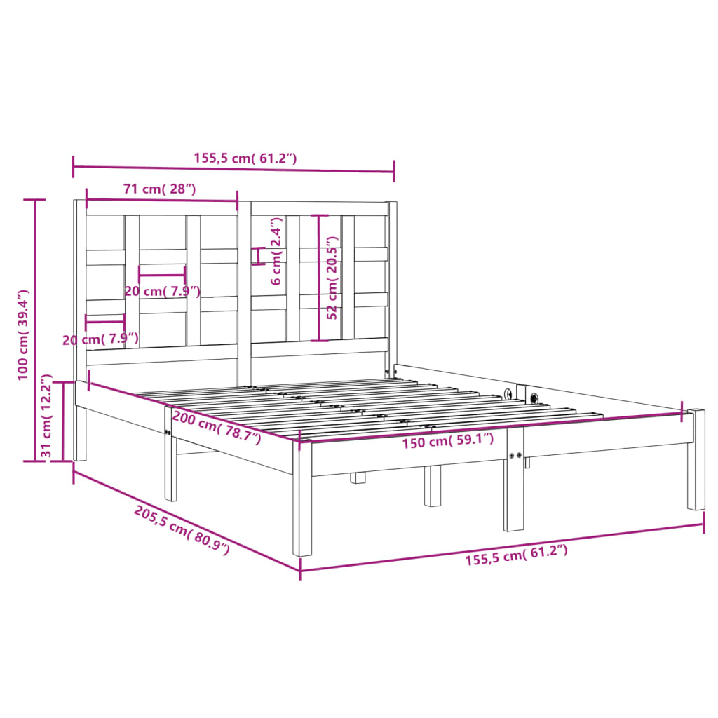 Cadre de lit sans matelas blanc 150x200 cm bois massif - XIOS