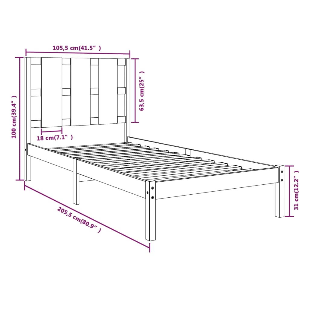Cadre de lit sans matelas noir 100x200 cm bois massif de pin - XIOS