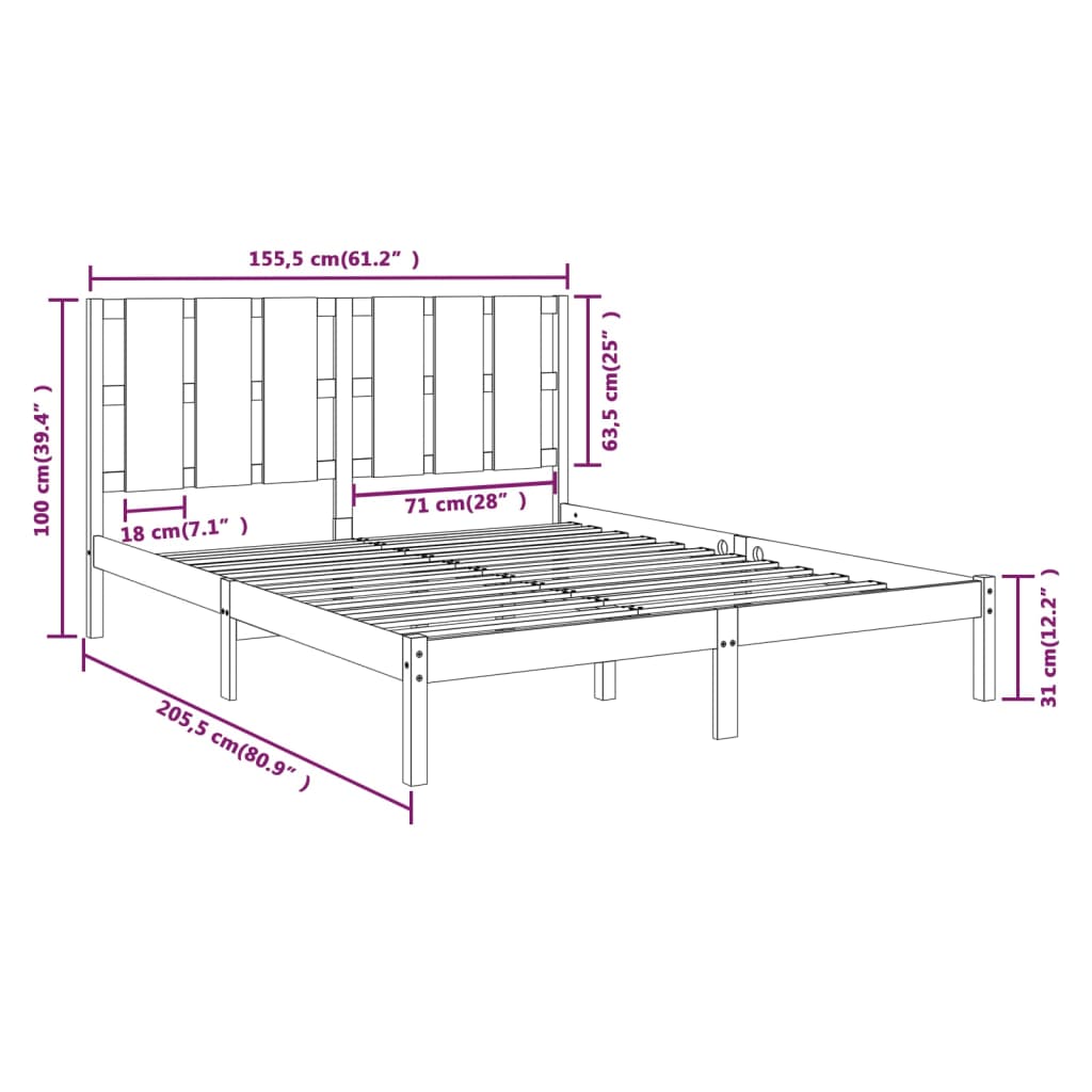Cadre de lit sans matelas noir 150x200 cm bois massif - XIOS