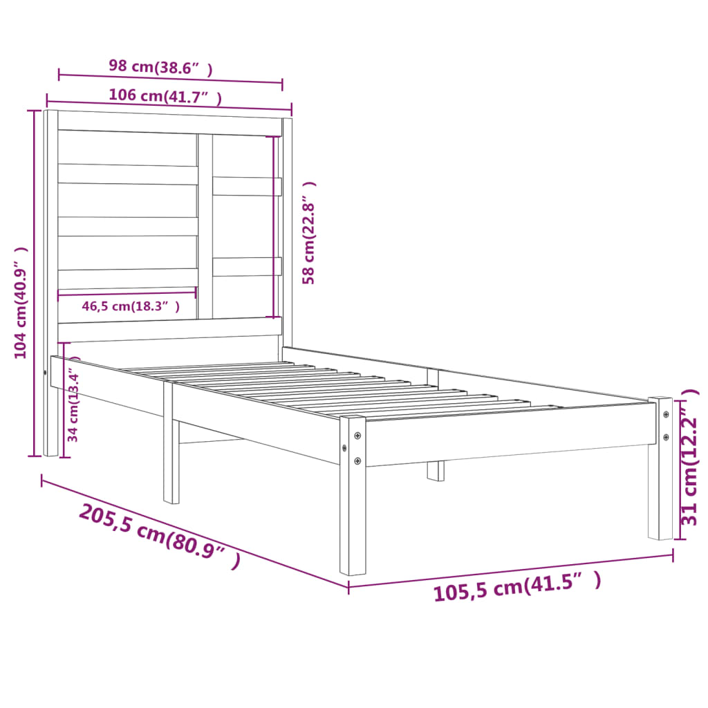 Cadre de lit sans matelas noir bois massif 100x200 cm - XIOS