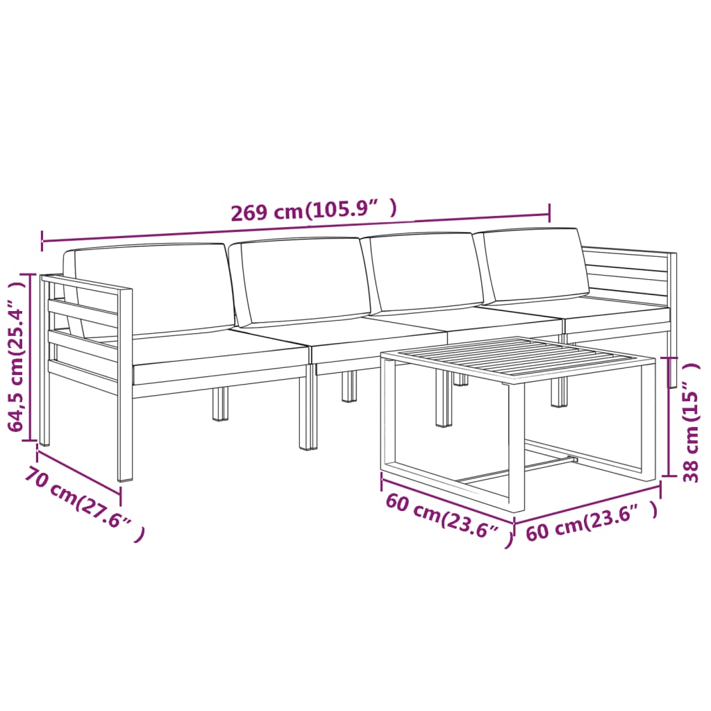 Salon de jardin 5 pcs avec coussins Aluminium Anthracite