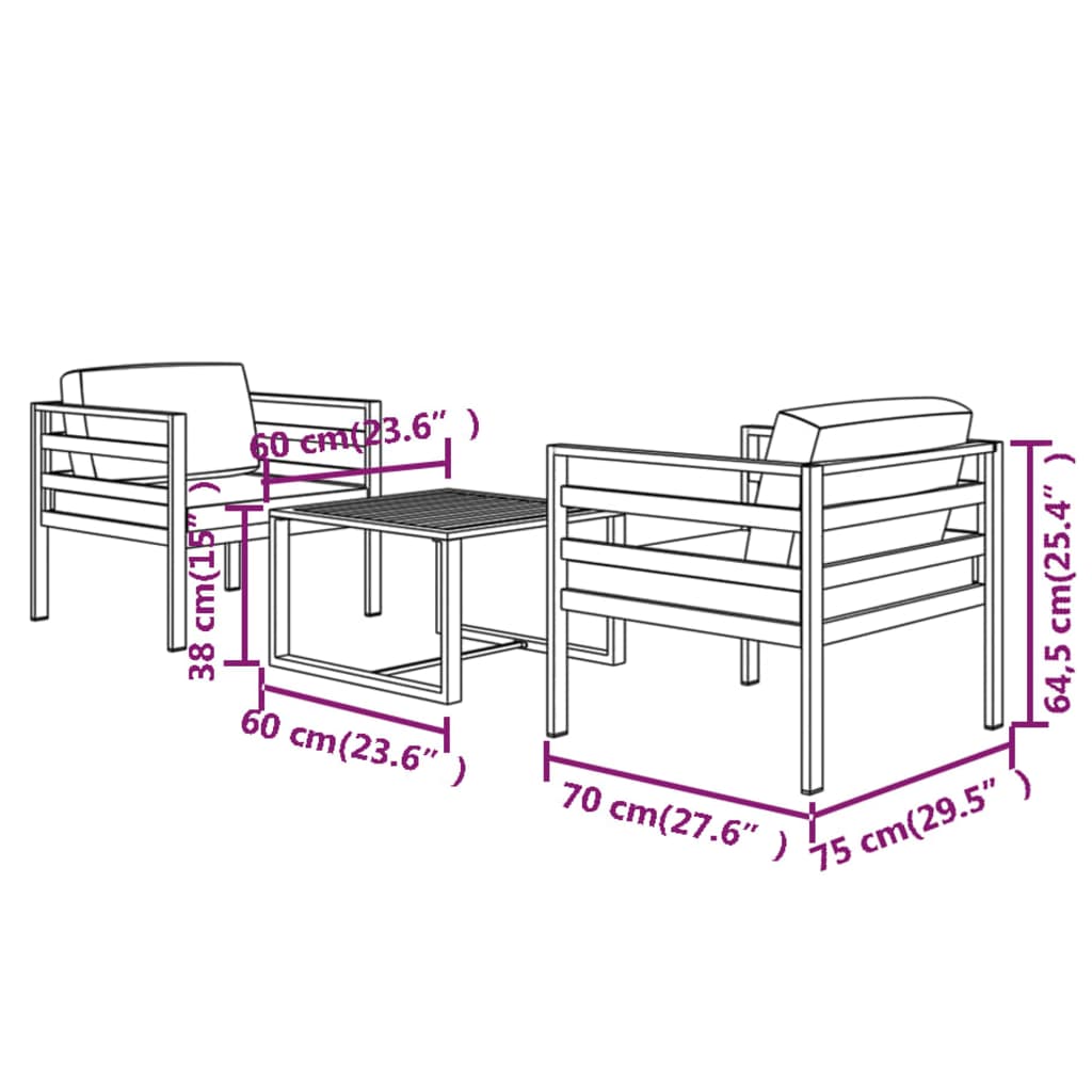 Salon de jardin 3 pcs avec coussins Aluminium Anthracite