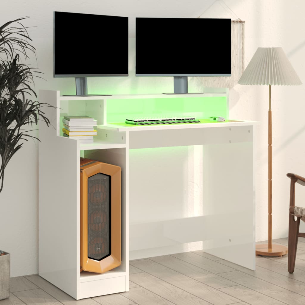 Bureau lumières LED Blanc brillant 97x45x90cm Bois d'ingénierie - XIOS