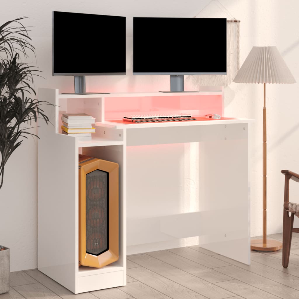 Bureau lumières LED Blanc brillant 97x45x90cm Bois d'ingénierie - XIOS