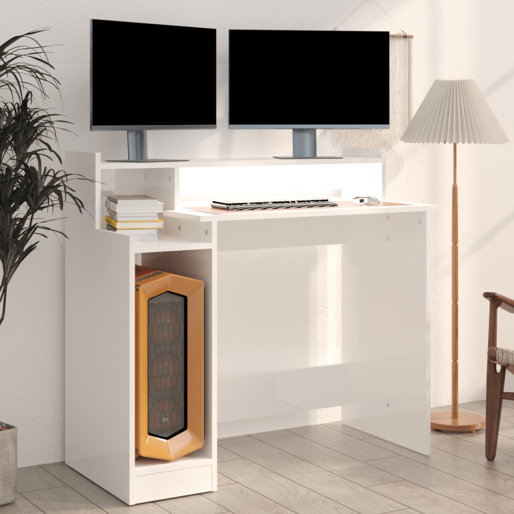 Bureau lumières LED Blanc brillant 97x45x90cm Bois d'ingénierie - XIOS