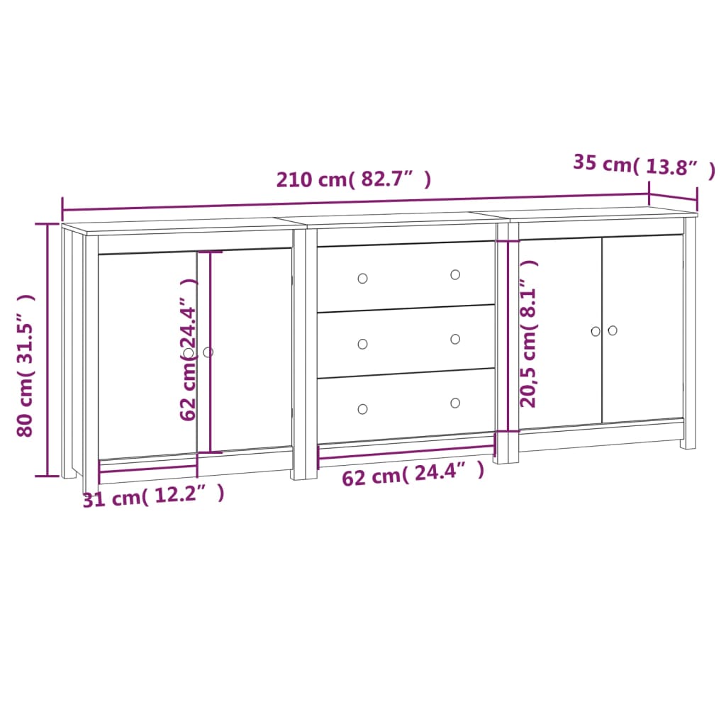 Buffet Blanc 210x35x80 cm Bois massif de pin - XIOS