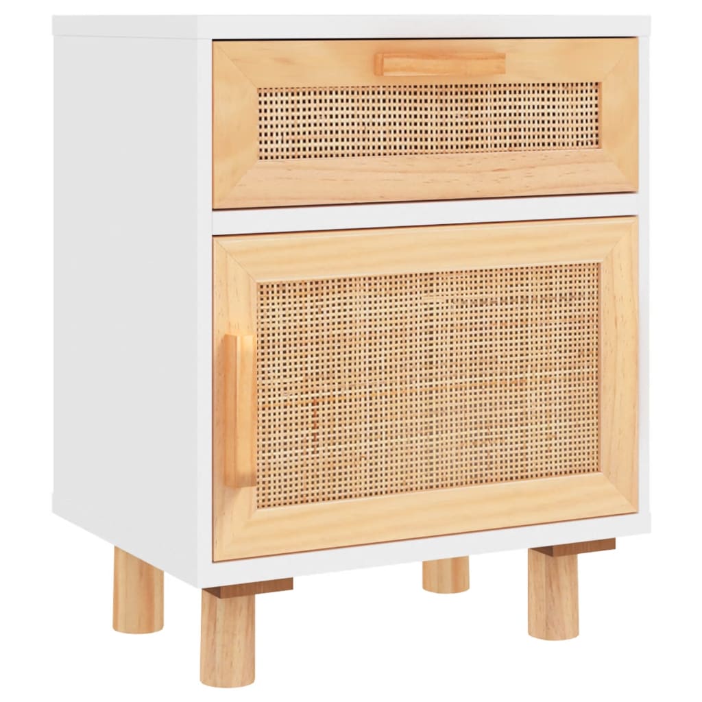 Table de chevet Blanc Bois de pin massif et rotin naturel - XIOS