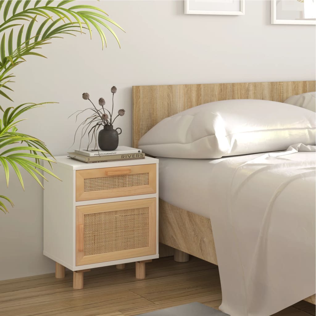 Table de chevet Blanc Bois de pin massif et rotin naturel - XIOS