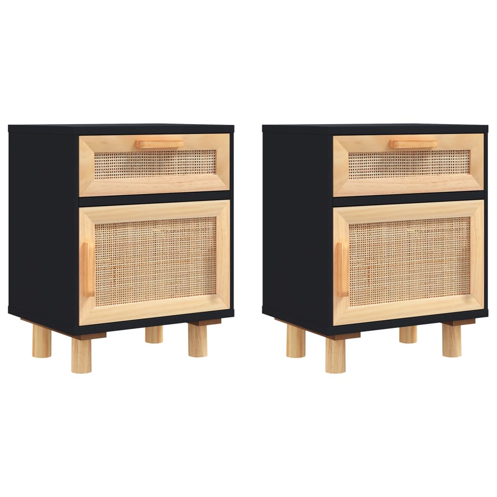 Tables de chevet 2 pcs Noir Bois de pin massif et rotin naturel - XIOS