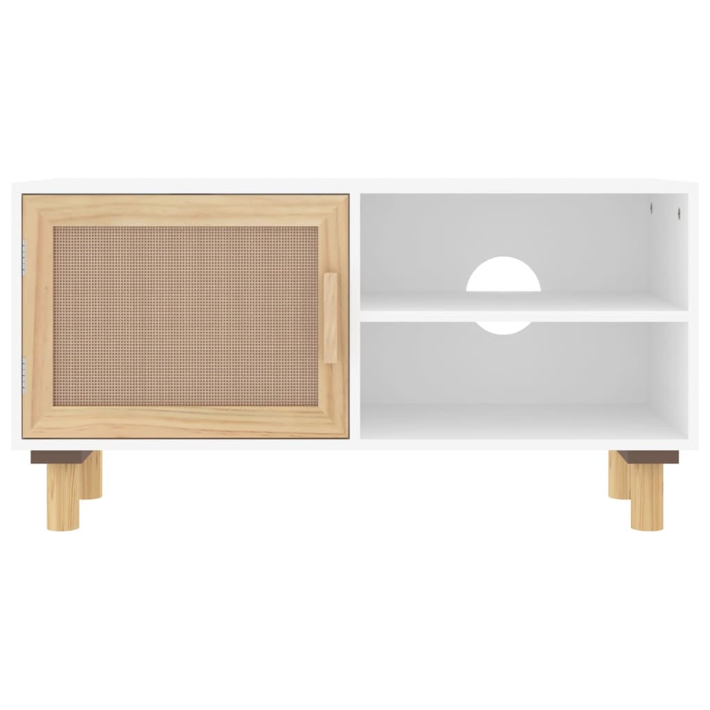 Meuble TV Blanc 80x30x40 cm Bois de pin massif et rotin naturel - XIOS