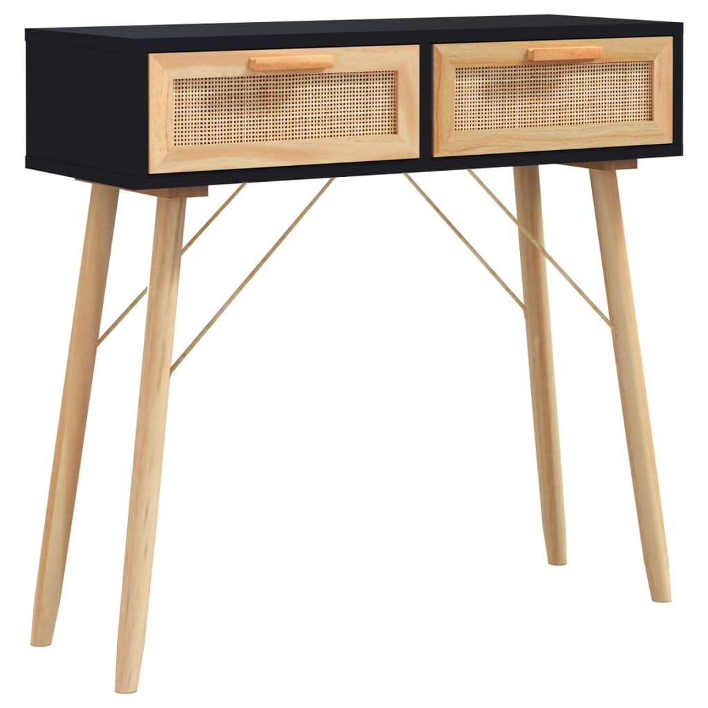Table console Noir 80x30x75 cm Bois massif pin /rotin naturel - XIOS