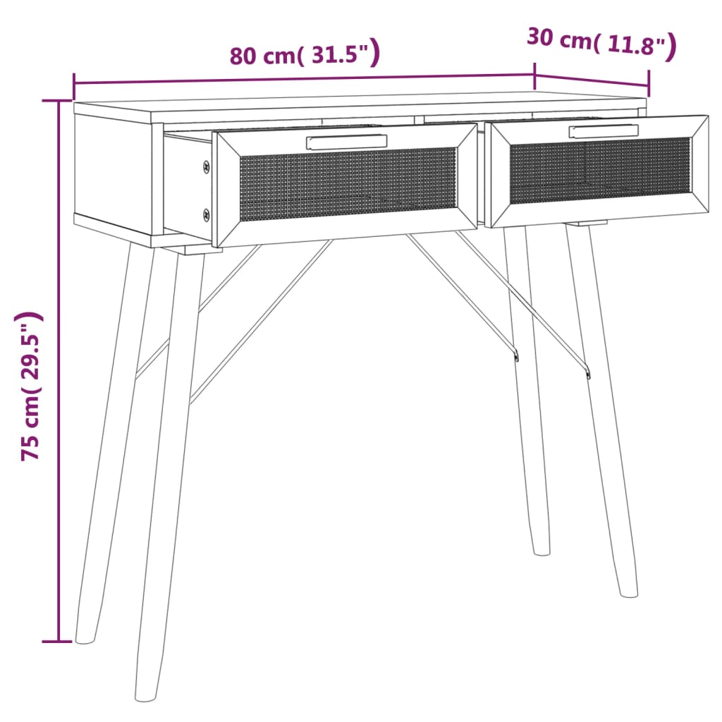 Table console Noir 80x30x75 cm Bois massif pin /rotin naturel - XIOS