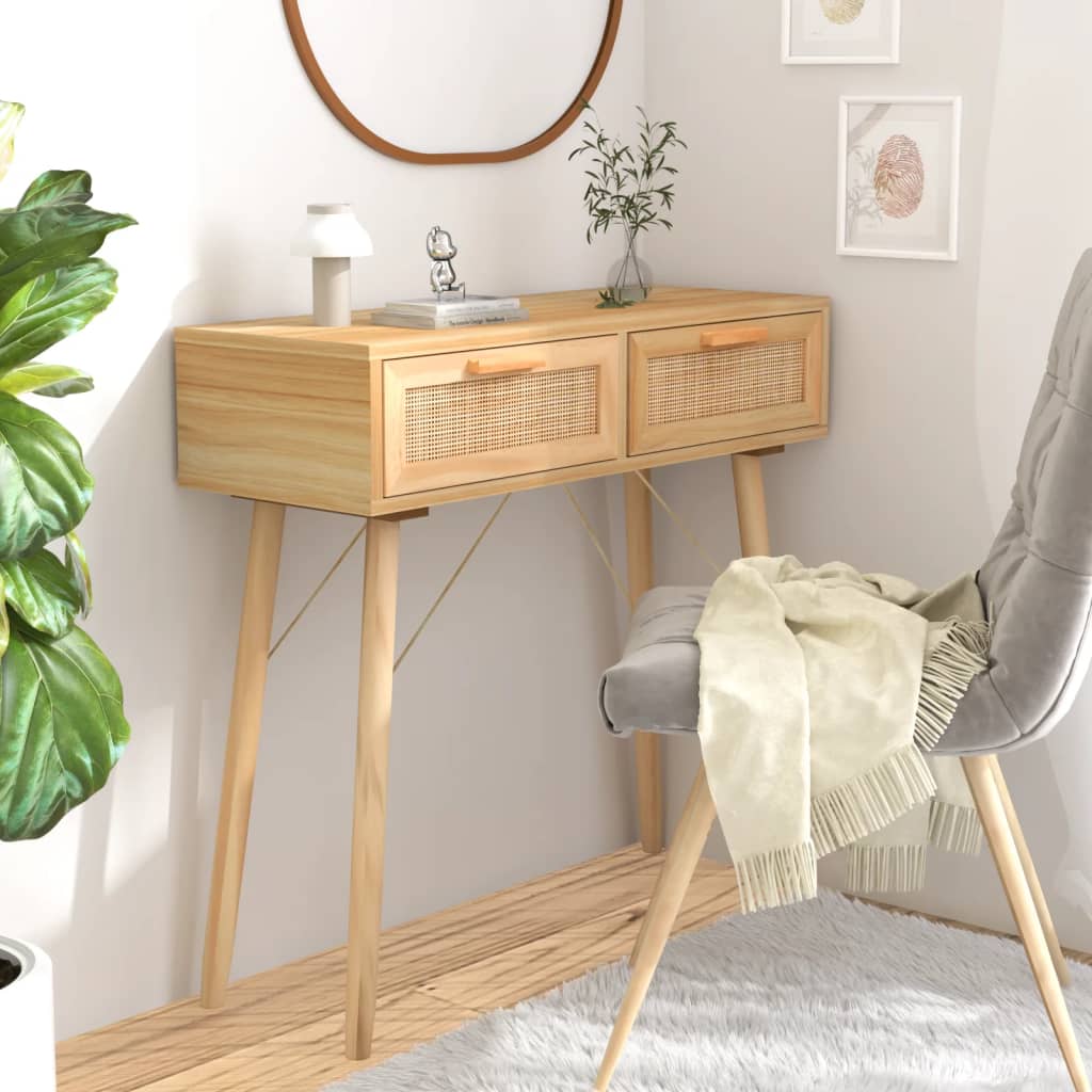 Table console Marron 80x30x75 cm Bois massif pin /rotin naturel - XIOS
