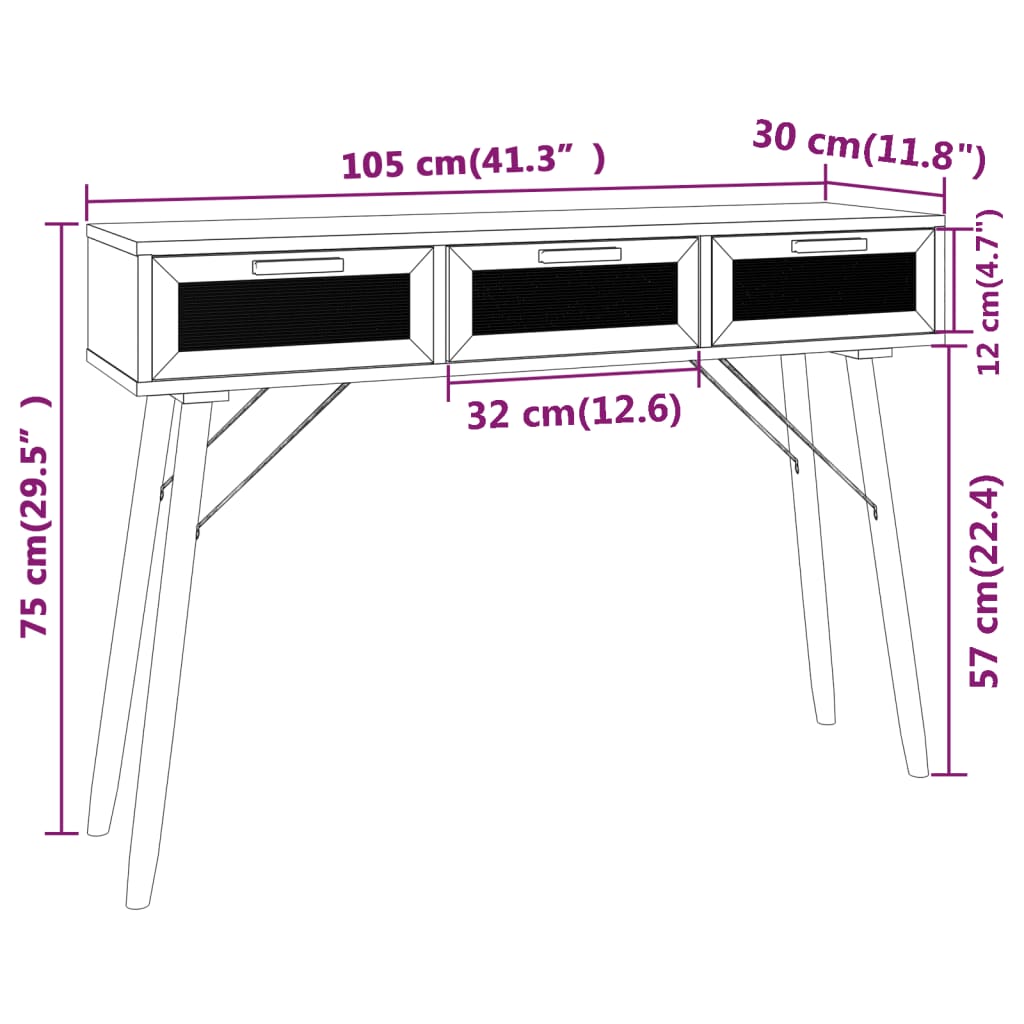 Table console Noir 105x30x75 cm Bois massif pin /rotin naturel - XIOS