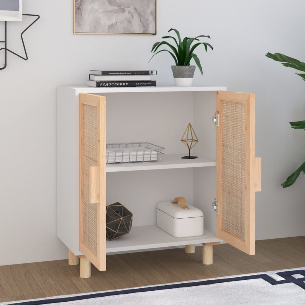 Buffet Blanc 60x30x70 cm Bois de pin massif et rotin naturel - XIOS