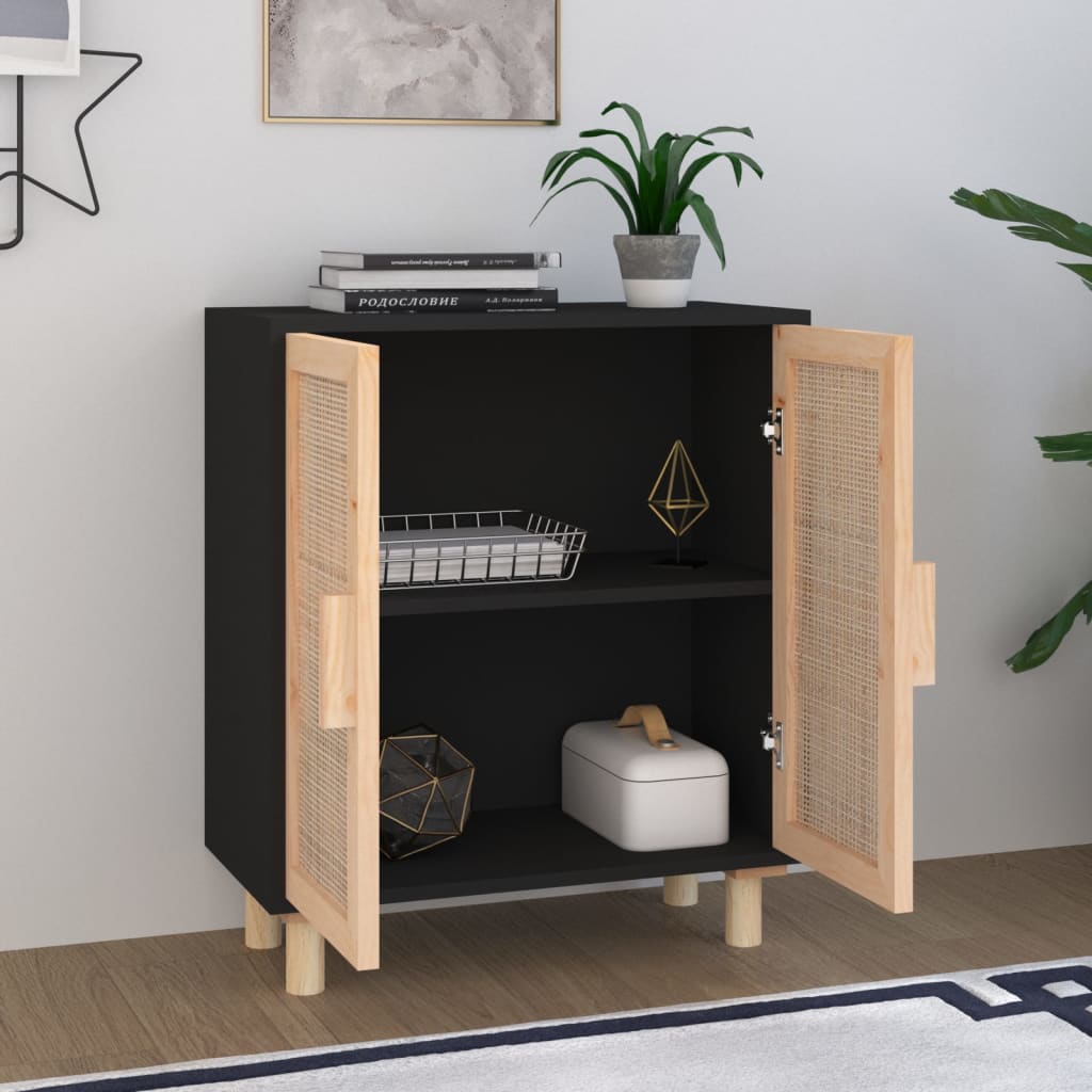 Buffet Noir 60x30x70 cm Bois de pin massif et rotin naturel - XIOS