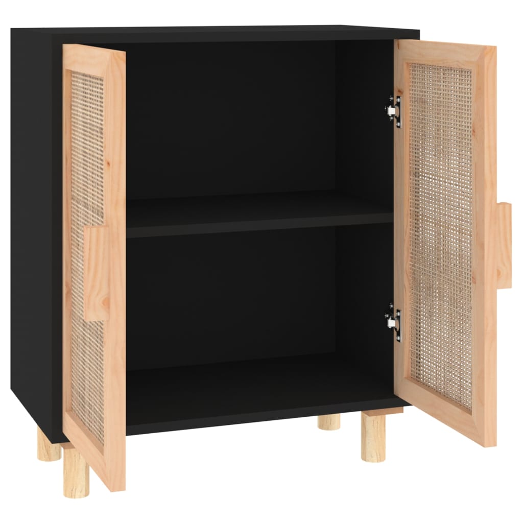 Buffet Noir 60x30x70 cm Bois de pin massif et rotin naturel - XIOS
