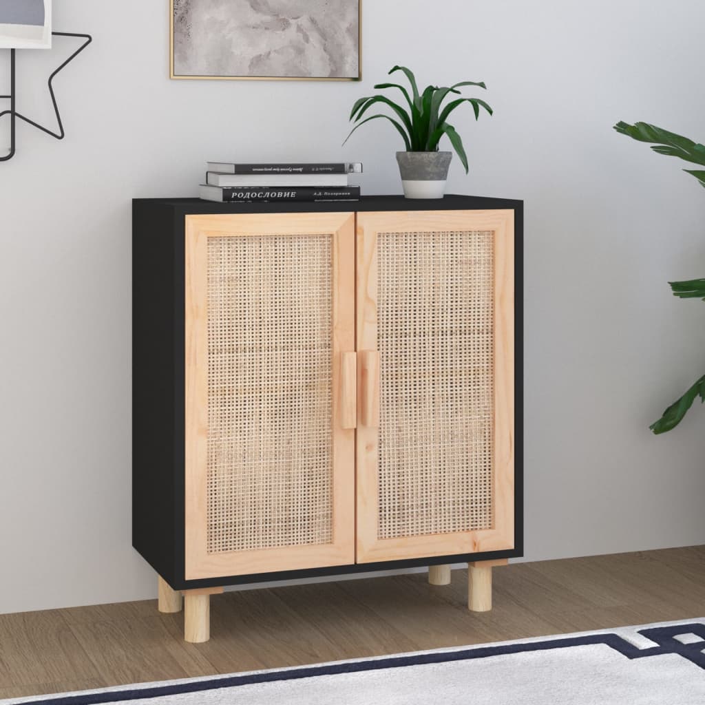 Buffet Noir 60x30x70 cm Bois de pin massif et rotin naturel - XIOS