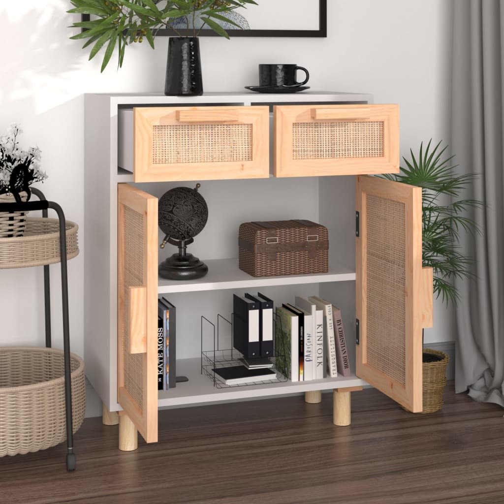 Buffet Blanc 60x30x75 cm Bois de pin massif et rotin naturel - XIOS